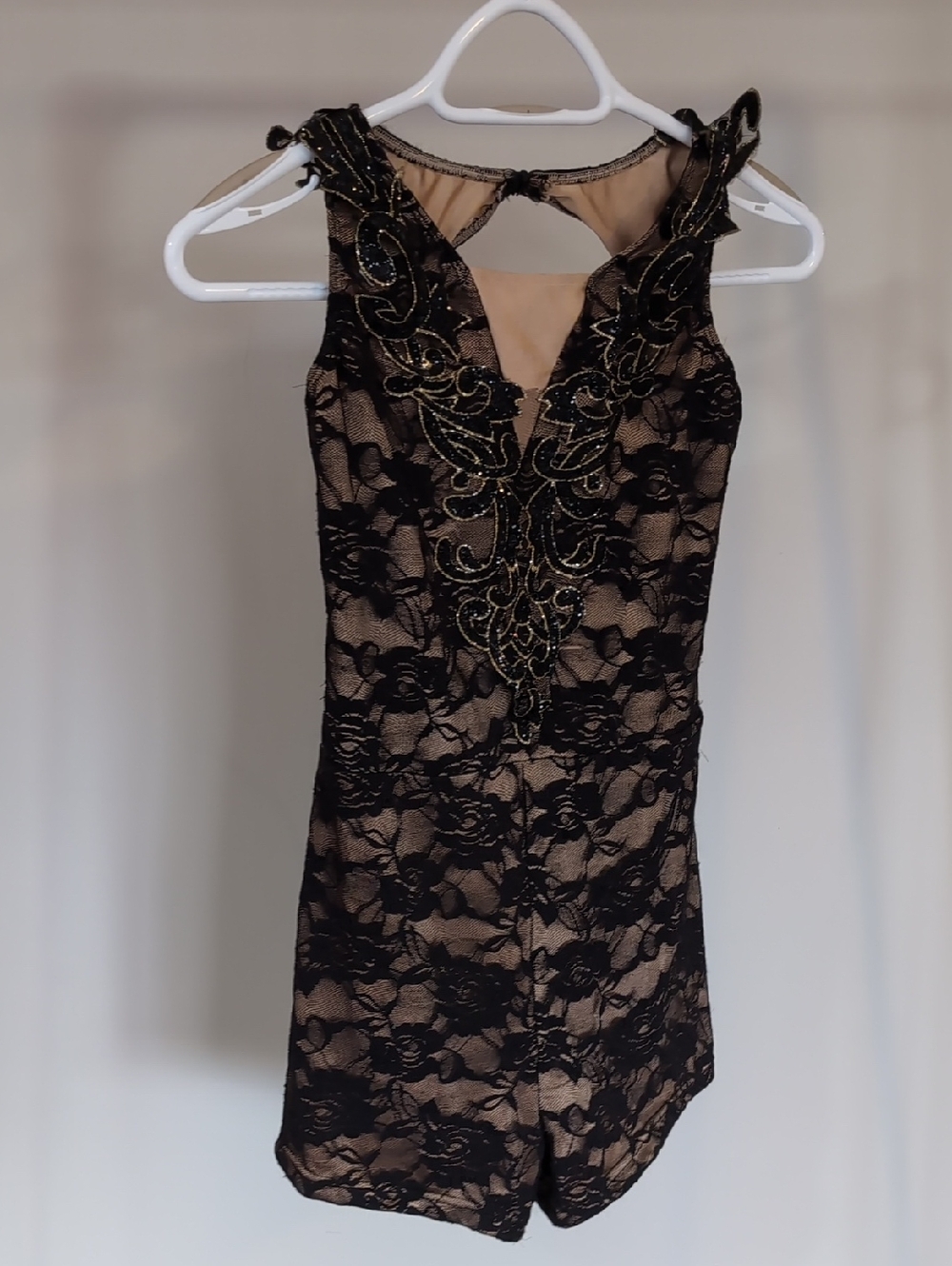 Black Lace Overlay Cocktail Dress with Nude Underlay